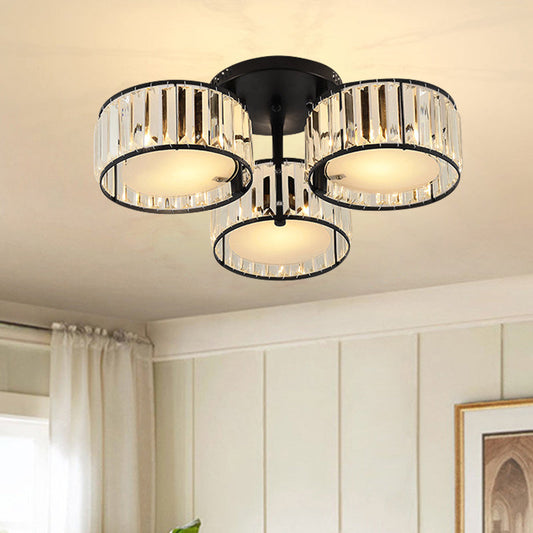 Modern Black Flush Mount Ceiling Light Fixture with Drum Crystal Shade - 3/5/6 Lights for Living Room