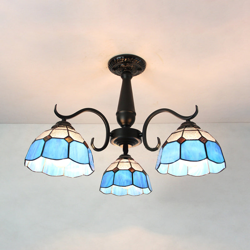 Vintage Industrial Stained Glass Semi Flush Mount Ceiling Light with 3 Rhombus/Magnolia Patterns in Sky Blue and Yellow