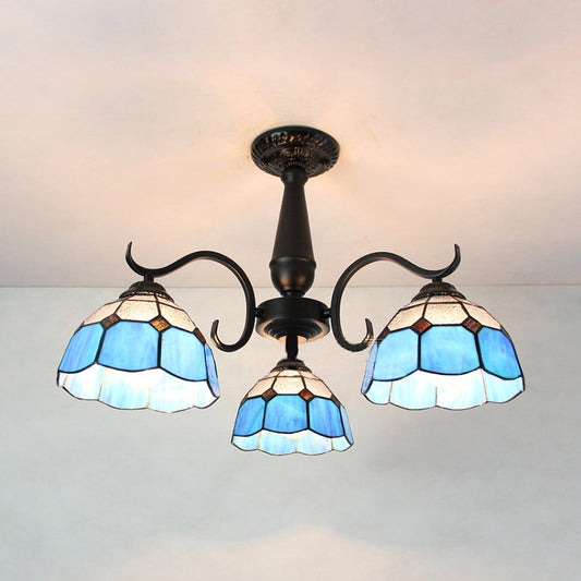 Vintage Industrial Stained Glass Semi Flush Mount Ceiling Light with 3 Rhombus/Magnolia Patterns in Sky Blue and Yellow