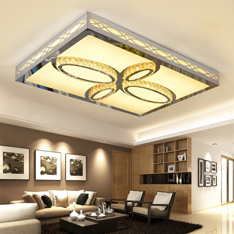 Contemporary White LED Ceiling Mount Flush Light Fixture for Living Room with Crystal Deco - Warm/White/3 Color Light