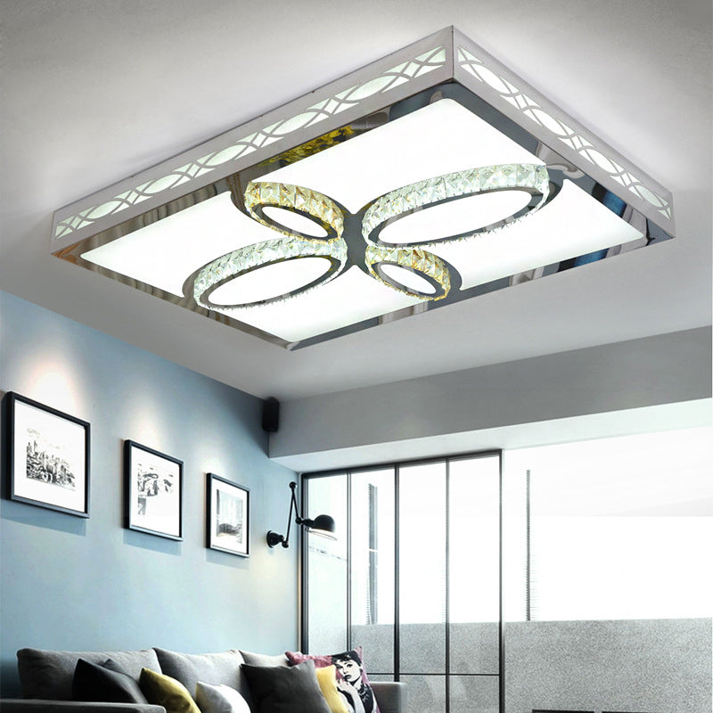 Contemporary White LED Ceiling Mount Flush Light Fixture for Living Room with Crystal Deco - Warm/White/3 Color Light