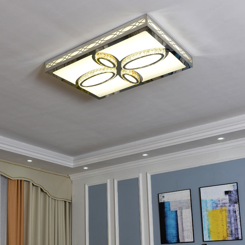 Contemporary White LED Ceiling Mount Flush Light Fixture for Living Room with Crystal Deco - Warm/White/3 Color Light