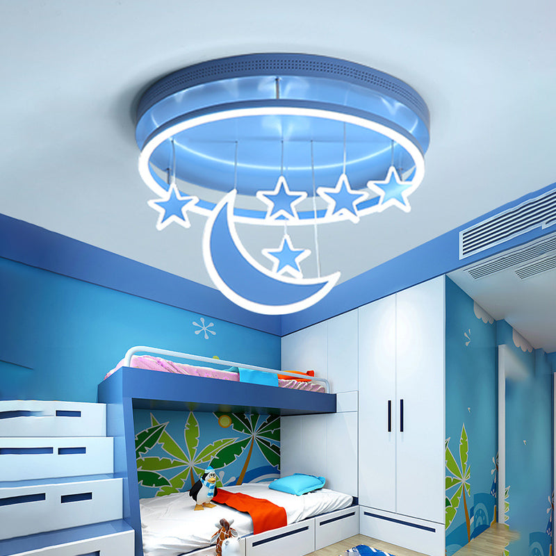 Modern Acrylic Round Flush Mount Lamp - LED Ceiling Light Fixture with Star Deco, Warm/White Light - 16.5"/20.5" Dia - Blue/Pink/White Options