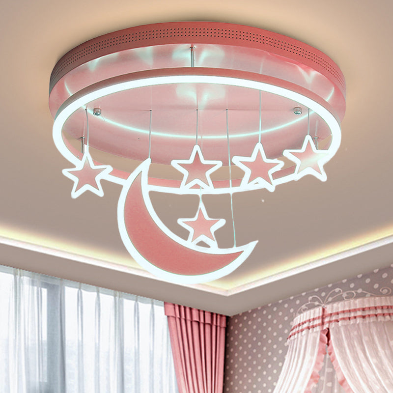 Modern Acrylic Round Flush Mount Lamp - LED Ceiling Light Fixture with Star Deco, Warm/White Light - 16.5"/20.5" Dia - Blue/Pink/White Options