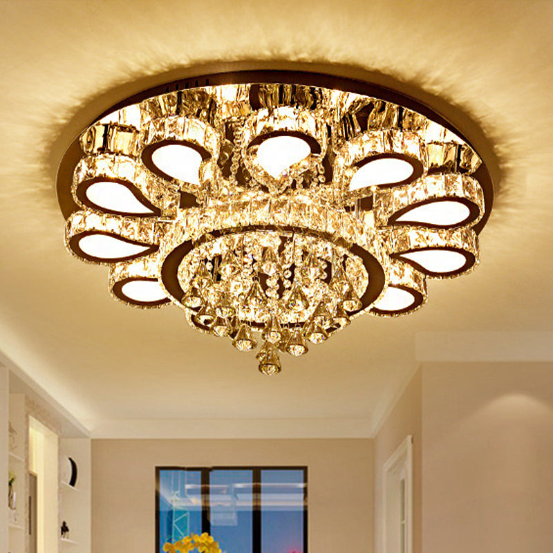 LED Living Room Ceiling Mounted Fixture with Chrome Finish and Flower Crystal Shade - 18"/23.5"/31.5" Width - Warm, White, 3 Color Light Options