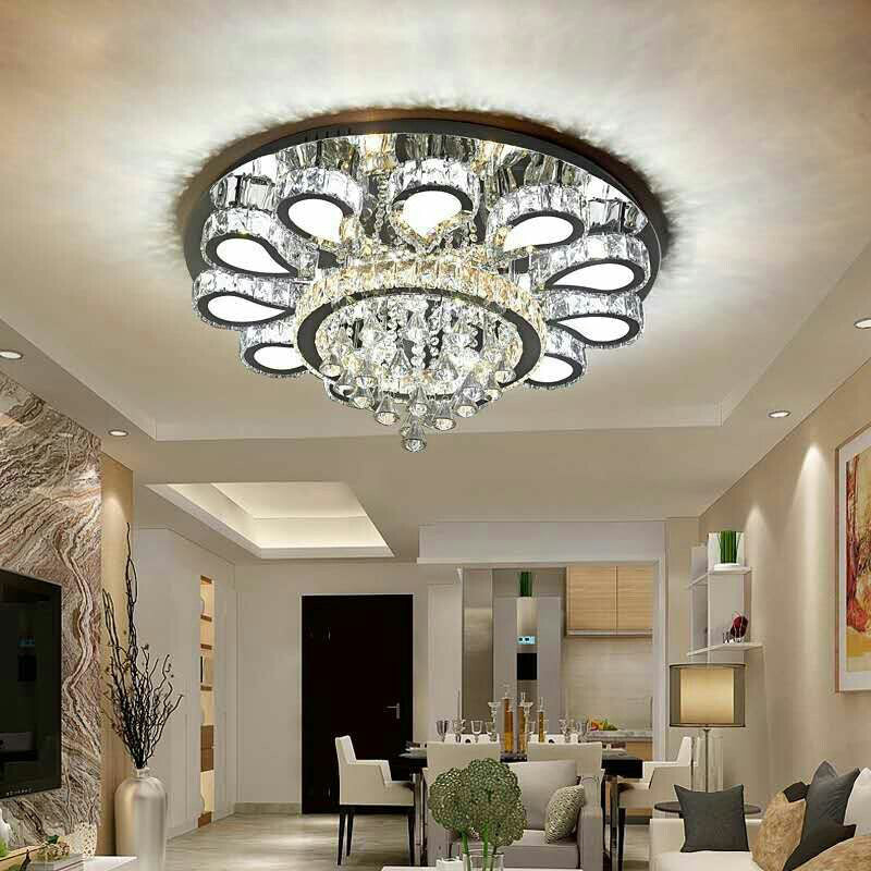 LED Living Room Ceiling Mounted Fixture with Chrome Finish and Flower Crystal Shade - 18"/23.5"/31.5" Width - Warm, White, 3 Color Light Options