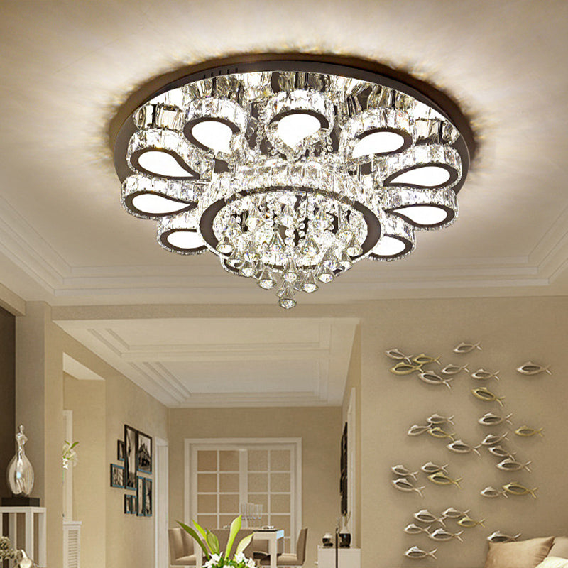 LED Living Room Ceiling Mounted Fixture with Chrome Finish and Flower Crystal Shade - 18"/23.5"/31.5" Width - Warm, White, 3 Color Light Options