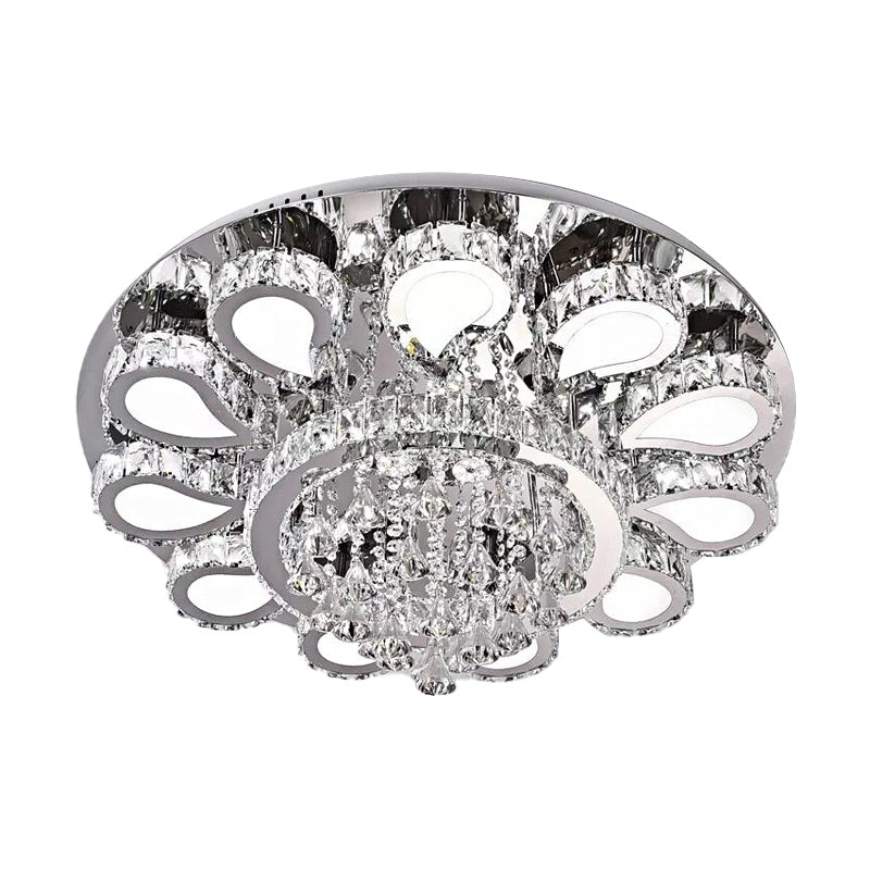 LED Living Room Ceiling Mounted Fixture with Chrome Finish and Flower Crystal Shade - 18"/23.5"/31.5" Width - Warm, White, 3 Color Light Options