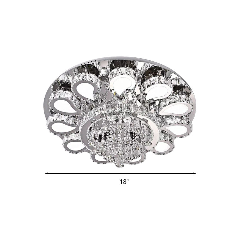 LED Living Room Ceiling Mounted Fixture with Chrome Finish and Flower Crystal Shade - 18"/23.5"/31.5" Width - Warm, White, 3 Color Light Options