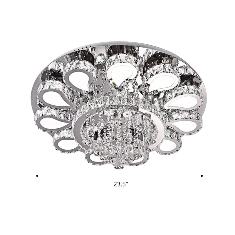 LED Living Room Ceiling Mounted Fixture with Chrome Finish and Flower Crystal Shade - 18"/23.5"/31.5" Width - Warm, White, 3 Color Light Options