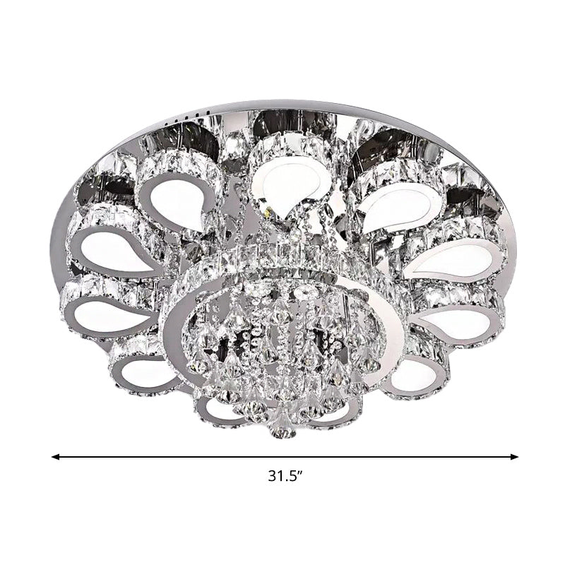 LED Living Room Ceiling Mounted Fixture with Chrome Finish and Flower Crystal Shade - 18"/23.5"/31.5" Width - Warm, White, 3 Color Light Options
