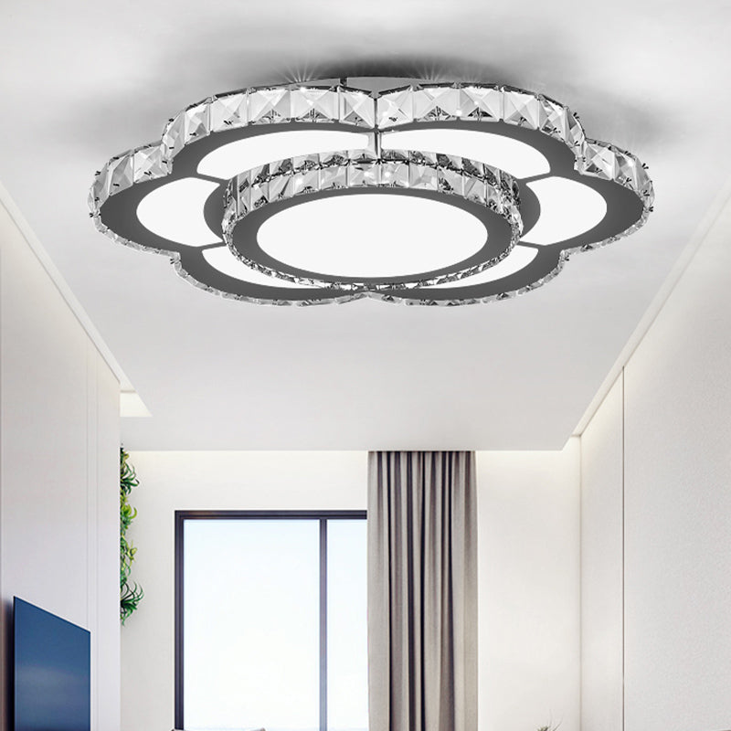 Contemporary Crystal Flush Mount Lamp: Floral Living Room LED Light Fixture in Warm/White - 10"/18"/23.5" Wide
