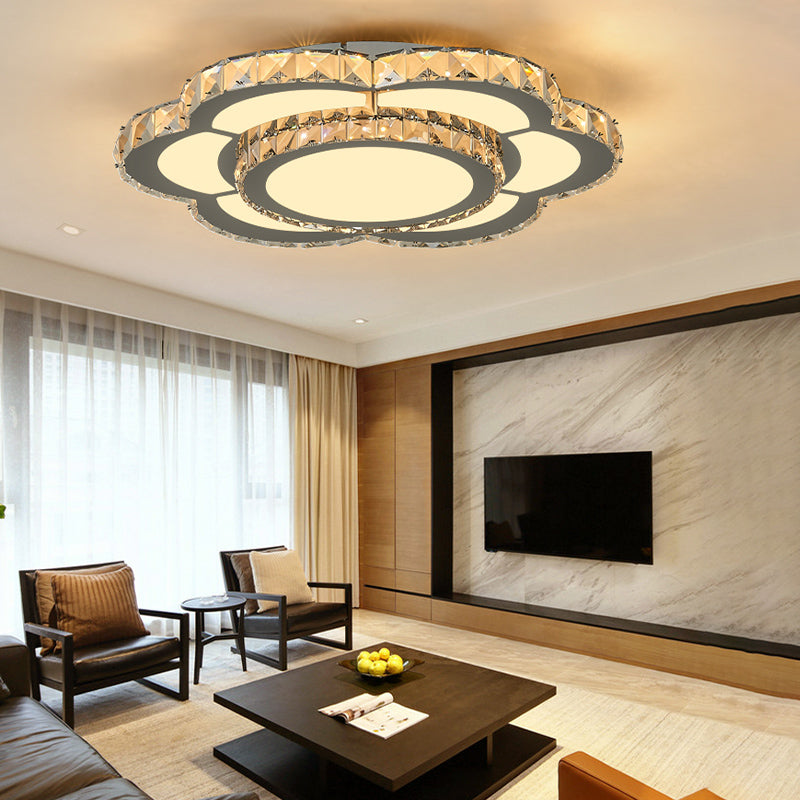 Contemporary Crystal Flush Mount Lamp: Floral Living Room LED Light Fixture in Warm/White - 10"/18"/23.5" Wide