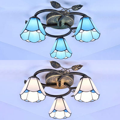 Plafonnier conique en verre teinté Tiffany - Luminaire encastré à 3 lumières en blanc/bleu pour le salon