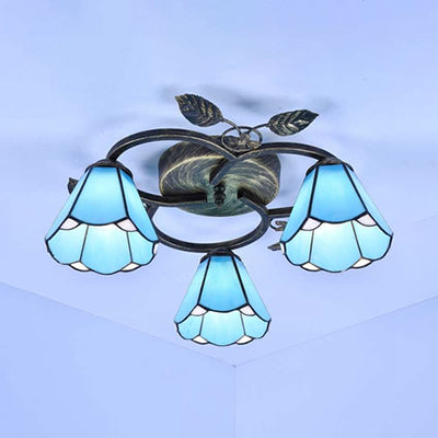 Plafonnier conique en verre teinté Tiffany - Luminaire encastré à 3 lumières en blanc/bleu pour le salon