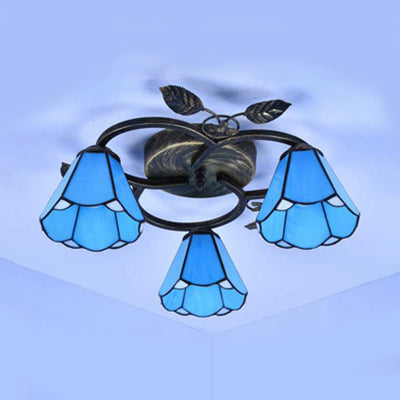 Plafonnier conique en verre teinté Tiffany - Luminaire encastré à 3 lumières en blanc/bleu pour le salon