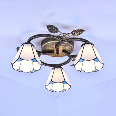 Plafonnier conique en verre teinté Tiffany - Luminaire encastré à 3 lumières en blanc/bleu pour le salon