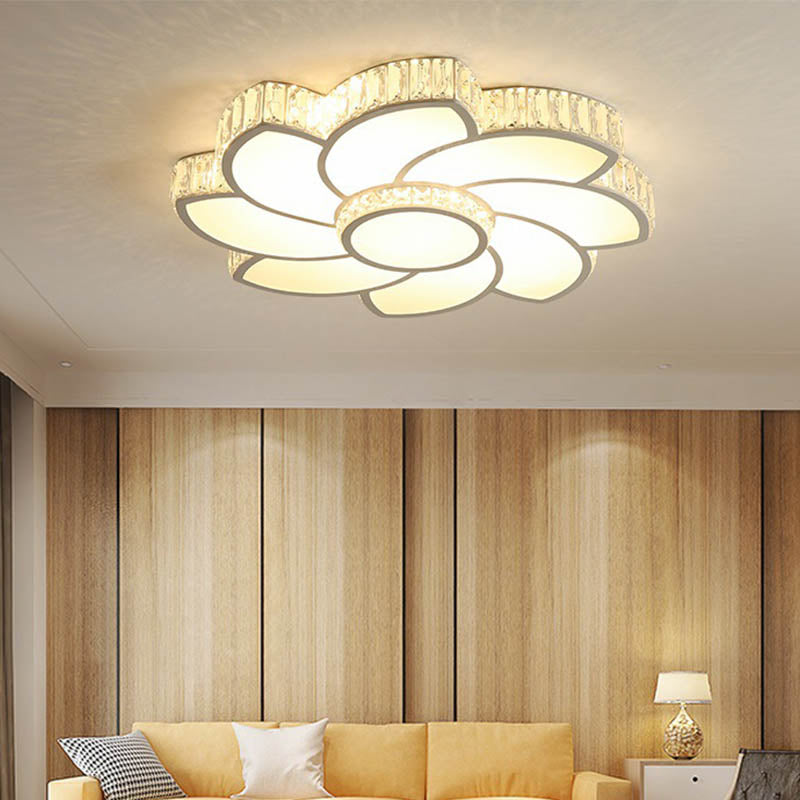 Contemporary Crystal Floral LED Flush Light for Bedroom - 23.5"/31.5"/39" - White - 3 Light Colors - Remote Control Dimming