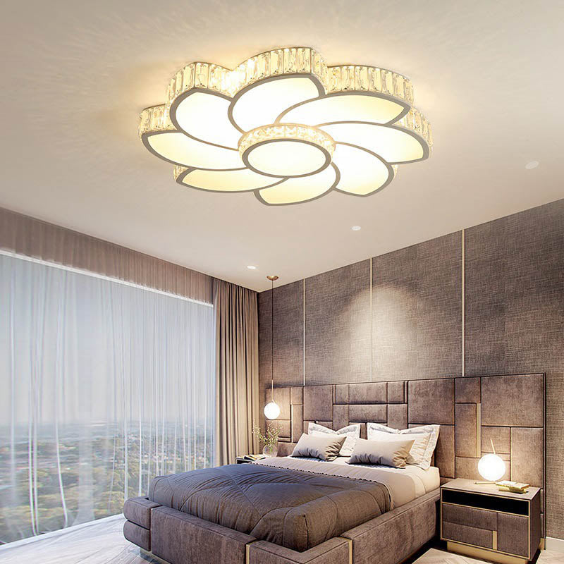 Contemporary Crystal Floral LED Flush Light for Bedroom - 23.5"/31.5"/39" - White - 3 Light Colors - Remote Control Dimming