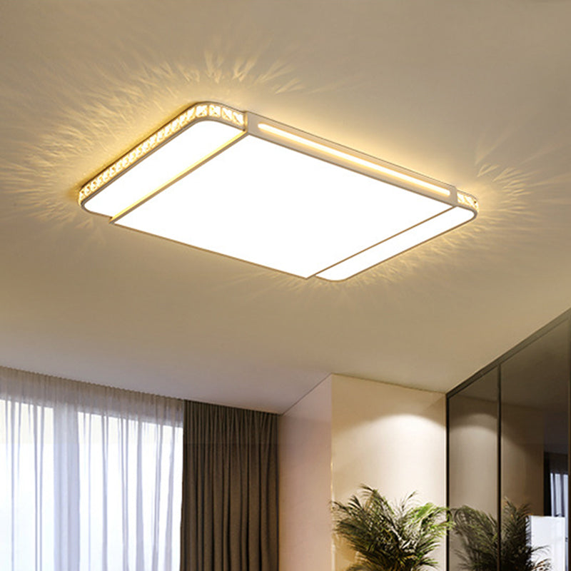 Modern Led Acrylic Flush Light: White Rectangle Living Room Mount Lamp With Remote Control Dimming