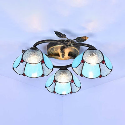 Plafonnier industriel vintage en forme de bol - Vitrail - Bleu/transparent - 3 lumières - Montage encastré pour chambre à coucher