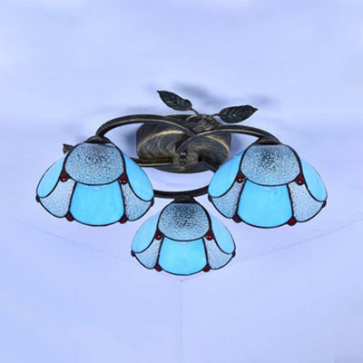 Plafonnier industriel vintage en forme de bol - Vitrail - Bleu/transparent - 3 lumières - Montage encastré pour chambre à coucher