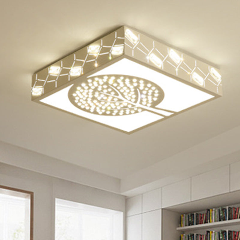 Simple Crystal LED Flush Mount Fixture - White Tree Design with Warm/White/3 Color Lighting for Living Room