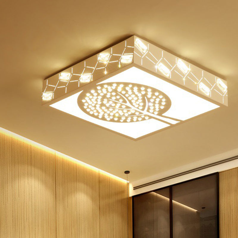 Simple Crystal LED Flush Mount Fixture - White Tree Design with Warm/White/3 Color Lighting for Living Room