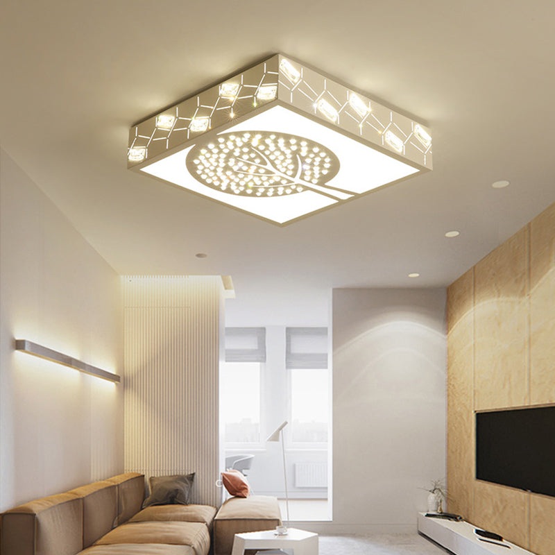 Simple Crystal LED Flush Mount Fixture - White Tree Design with Warm/White/3 Color Lighting for Living Room