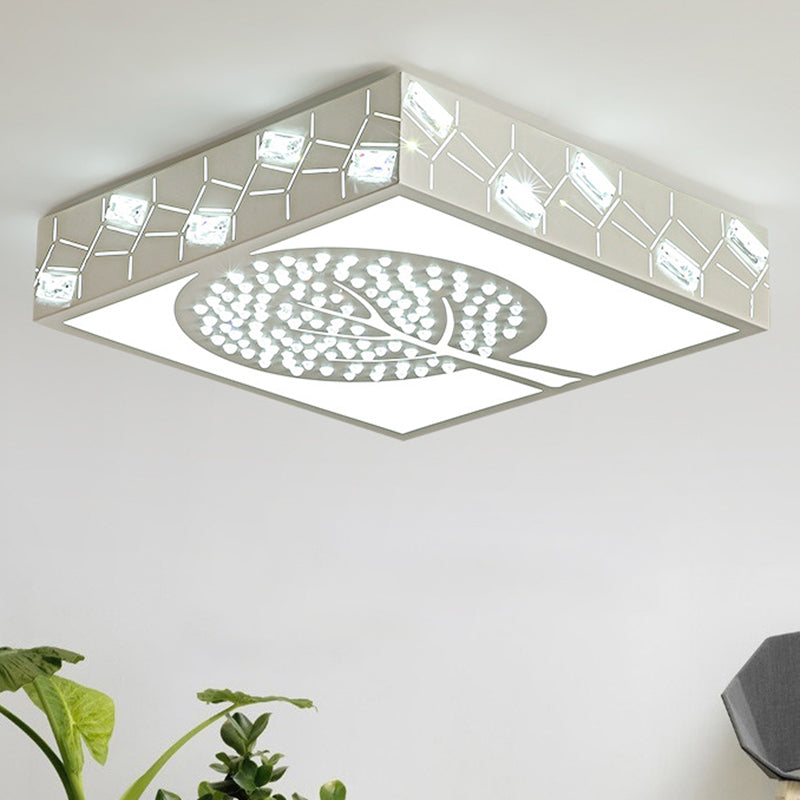 Simple Crystal LED Flush Mount Fixture - White Tree Design with Warm/White/3 Color Lighting for Living Room