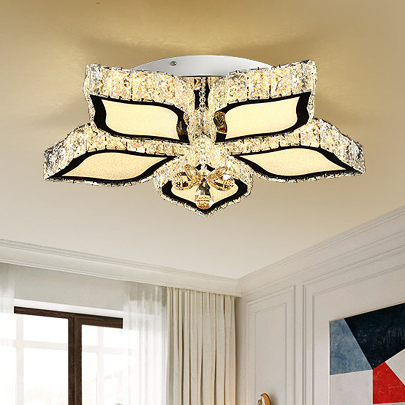 Modern Crystal Flower Flush Mount Ceiling Light For Bedroom White Led 3 Color Remote Control