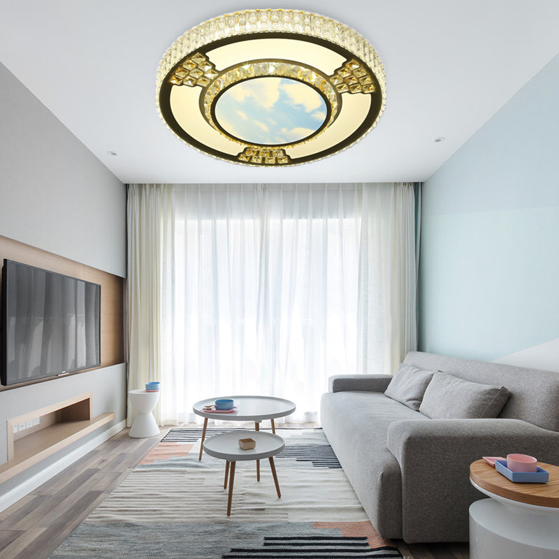Simple White LED Flush Ceiling Light with Crystal Shade for Living Room