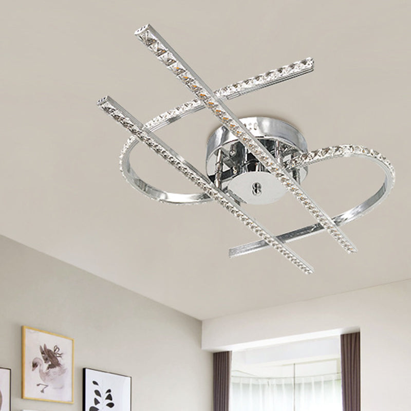 Plafonnier LED en cristal chromé semi-encastré pour chambre à coucher avec lumière chaude/blanche