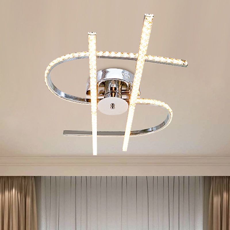 Plafonnier LED en cristal chromé semi-encastré pour chambre à coucher avec lumière chaude/blanche
