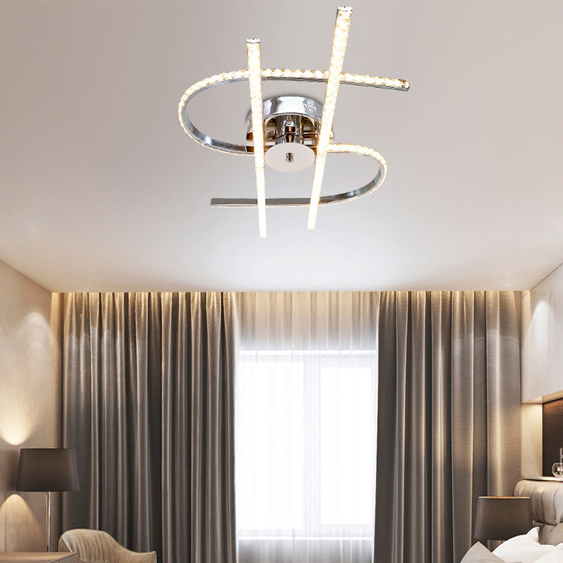 Plafonnier LED en cristal chromé semi-encastré pour chambre à coucher avec lumière chaude/blanche