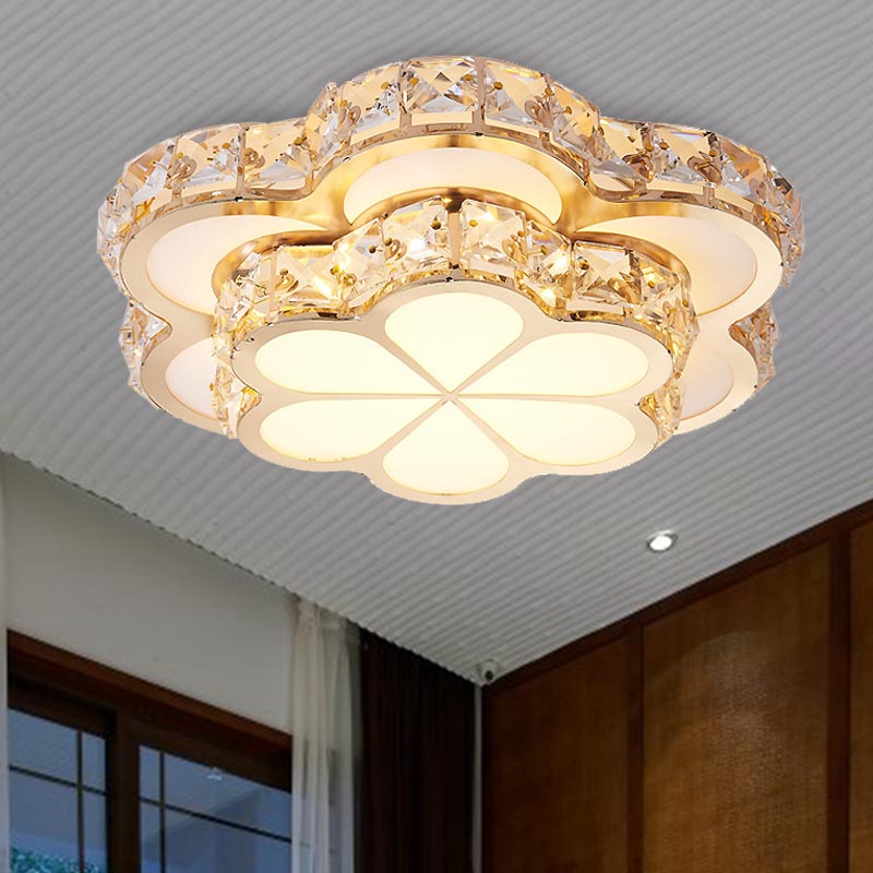 Modern Crystal Block Flower Flush Mount LED Ceiling Light Fixture, 10"/12"/14" W, White, Recessed/Surface Mounted