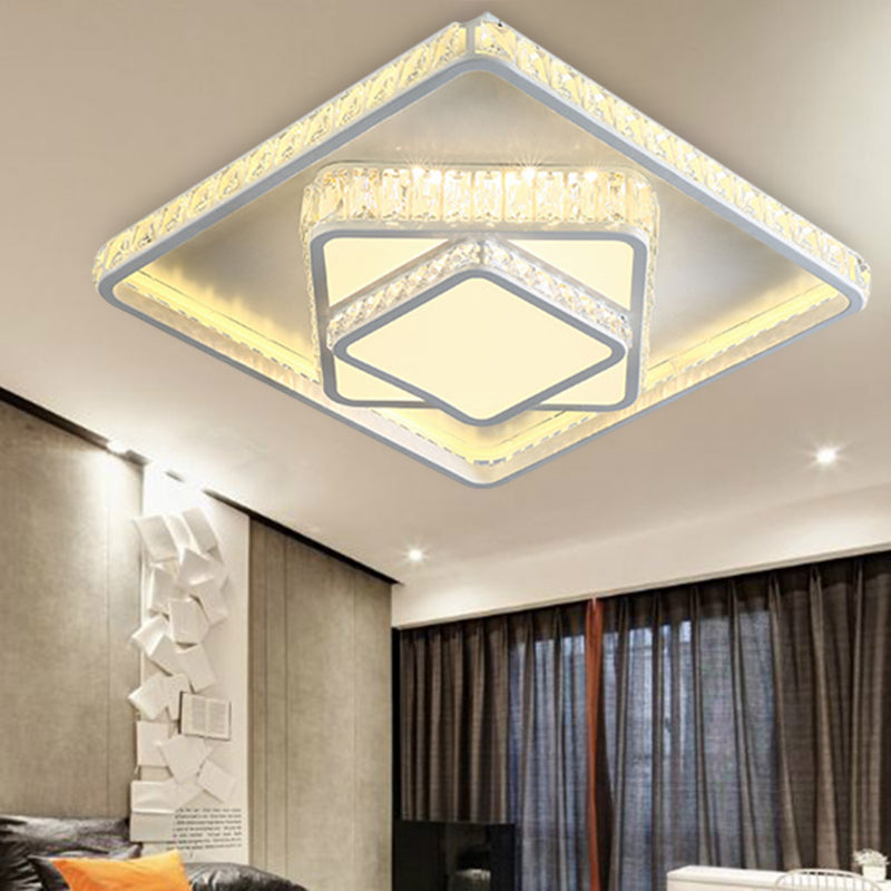 Minimalist Faceted Crystal White Ceiling Light Fixture - LED Flush Mount - 19.5"/23.5" W - White/Square/Rectangle - 3 Color Options - Remote Control Dimmable Light