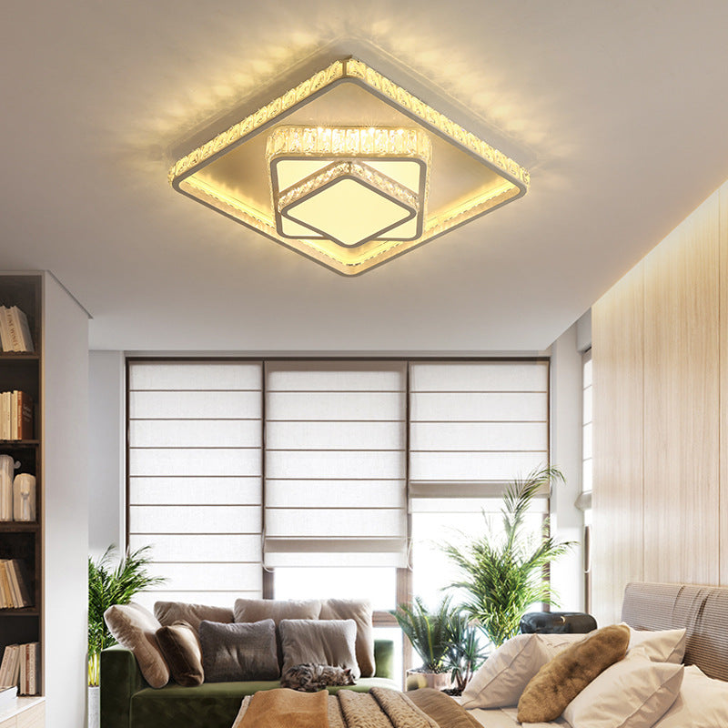 Minimalist Faceted Crystal White Ceiling Light Fixture - LED Flush Mount - 19.5"/23.5" W - White/Square/Rectangle - 3 Color Options - Remote Control Dimmable Light