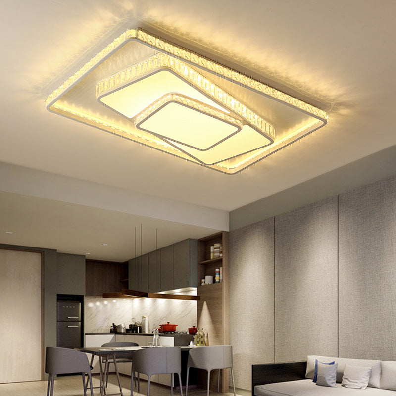 Minimalist Faceted Crystal White Ceiling Light Fixture - LED Flush Mount - 19.5"/23.5" W - White/Square/Rectangle - 3 Color Options - Remote Control Dimmable Light