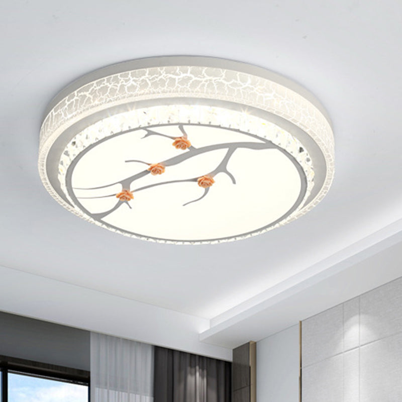 Simple Crystal Drum Ceiling Flush Mount - White LED Flush Light for Bedroom (White/3 Color Light, A/B)