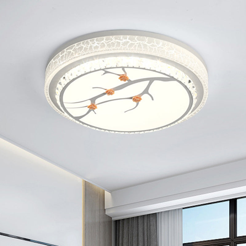 Simple Crystal Drum Ceiling Flush Mount - White LED Flush Light for Bedroom (White/3 Color Light, A/B)