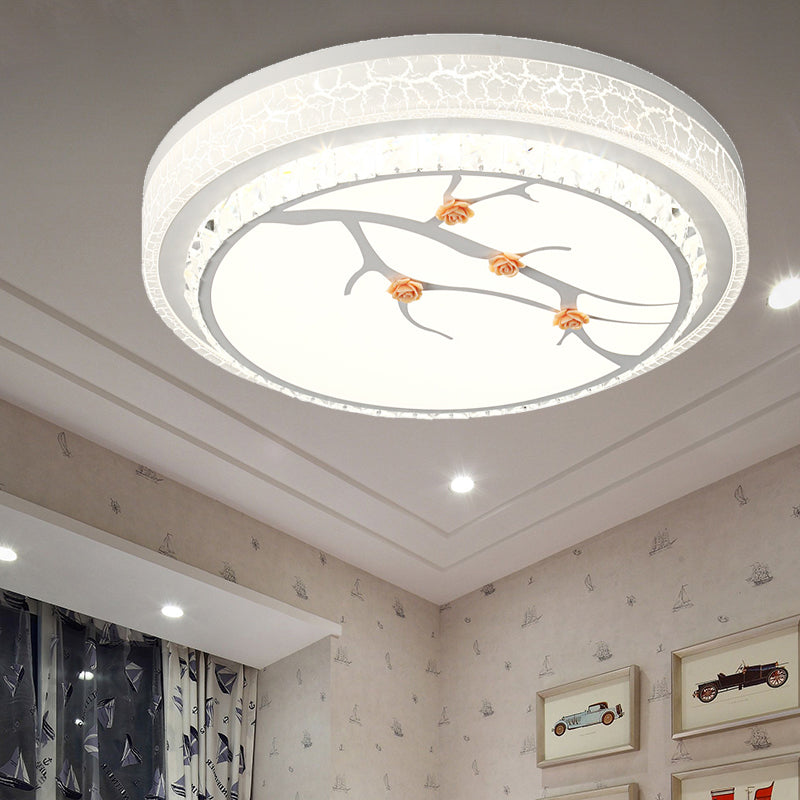 Simple Crystal Drum Ceiling Flush Mount - White LED Flush Light for Bedroom (White/3 Color Light, A/B)