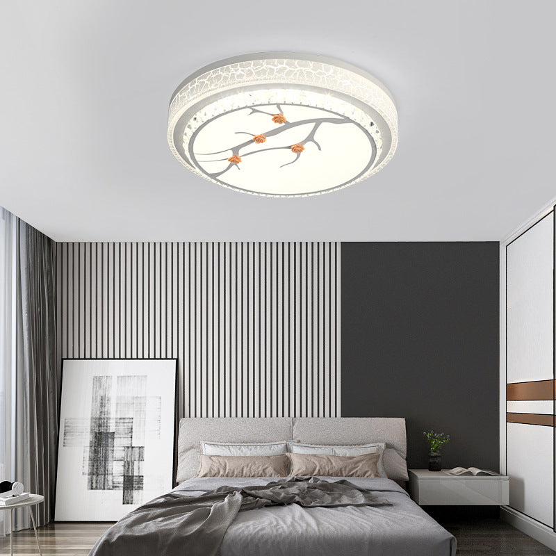 Simple Crystal Drum Ceiling Flush Mount - White LED Flush Light for Bedroom (White/3 Color Light, A/B)