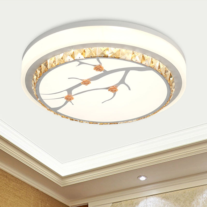 Simple Crystal Drum Ceiling Flush Mount - White LED Flush Light for Bedroom (White/3 Color Light, A/B)
