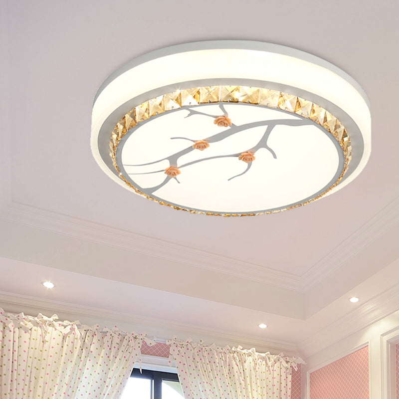 Simple Crystal Drum Ceiling Flush Mount - White LED Flush Light for Bedroom (White/3 Color Light, A/B)