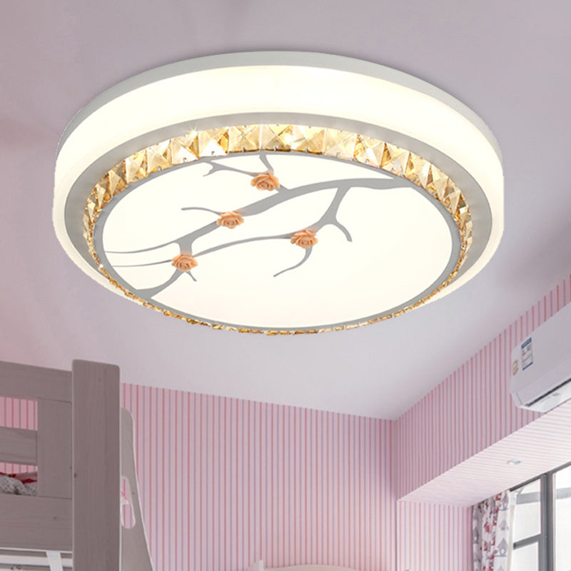Simple Crystal Drum Ceiling Flush Mount - White LED Flush Light for Bedroom (White/3 Color Light, A/B)