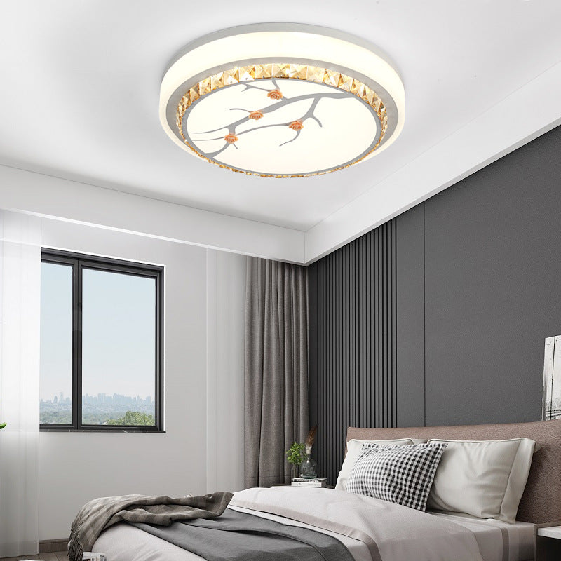 Simple Crystal Drum Ceiling Flush Mount - White LED Flush Light for Bedroom (White/3 Color Light, A/B)