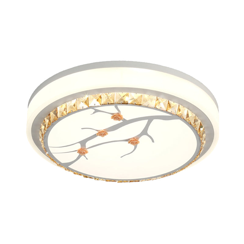 Simple Crystal Drum Ceiling Flush Mount - White LED Flush Light for Bedroom (White/3 Color Light, A/B)