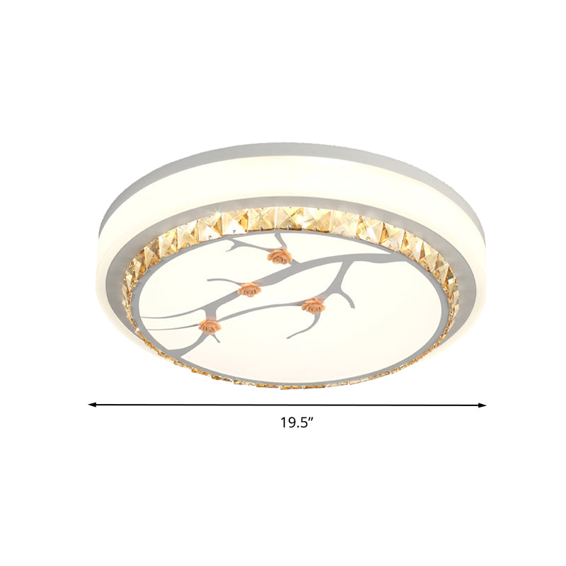 Simple Crystal Drum Ceiling Flush Mount - White LED Flush Light for Bedroom (White/3 Color Light, A/B)