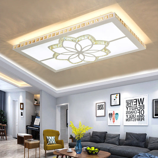Contemporary Crystal Rectangle Ceiling Flush Mount with White LED Lighting for Living Room - Flower Pattern in 3 Color Options